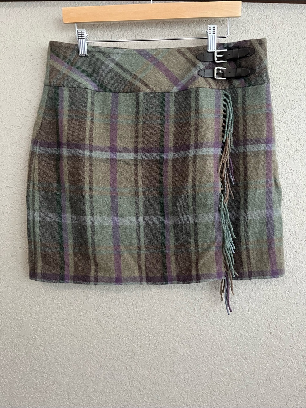 Lauren Ralph Lauren Plaid Fringe Trim Tweed Mini Skirt Buckles Sz 12 Wool Blend - Picture 4 of 15